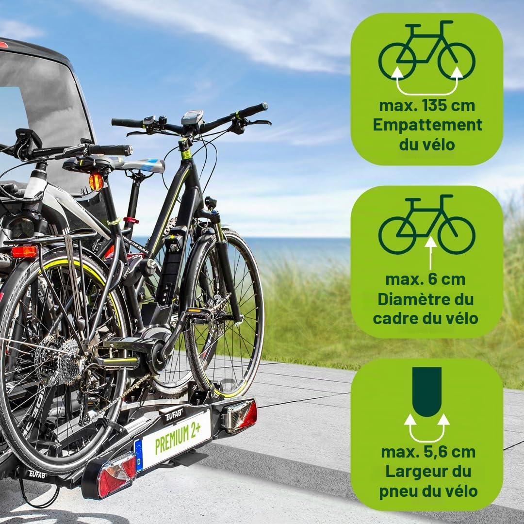 Porte-vélos arrière 11523 Premium II Plus pour attelage de remorque 2 vélos charge maximale 60 kg