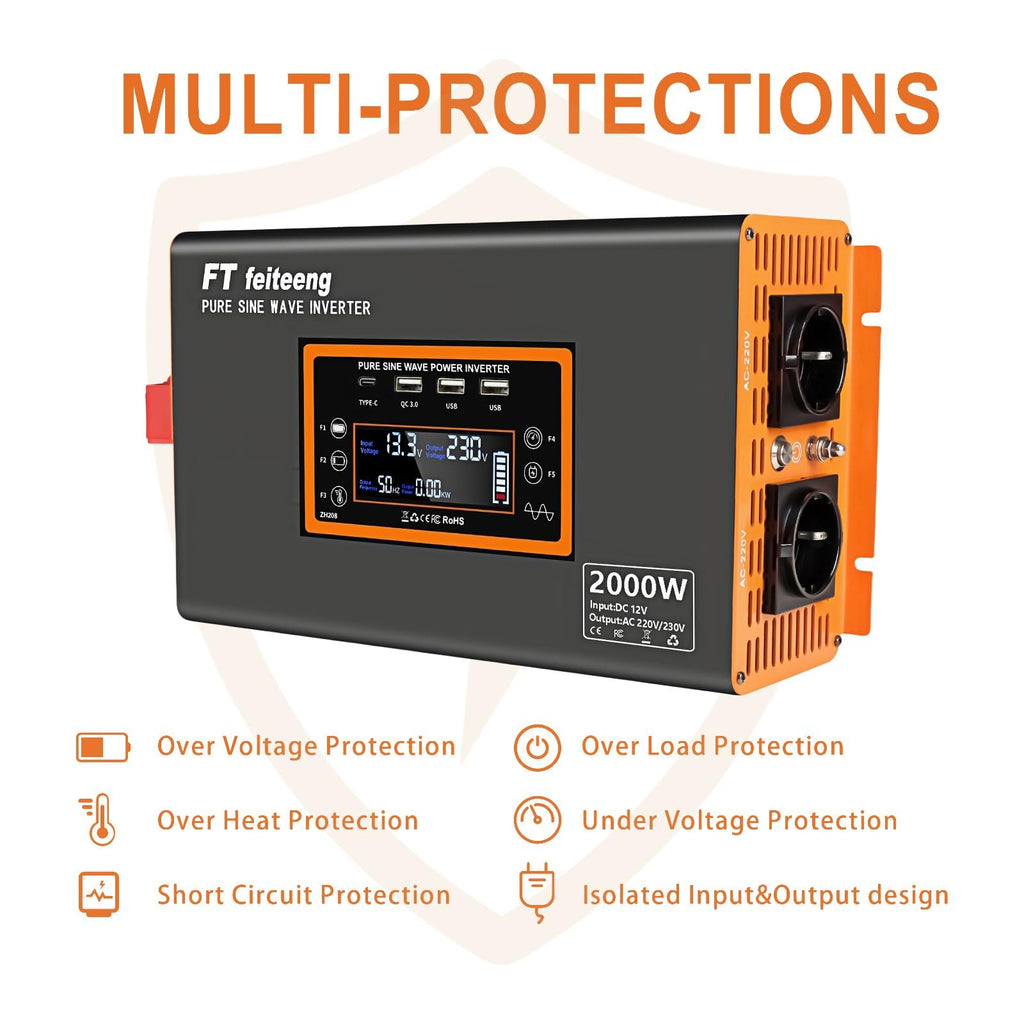 Convertisseur 12V 220V pur sinus 2000W avec puissance crête 4000W 2 prises CA port USB écran LCD et télécommande