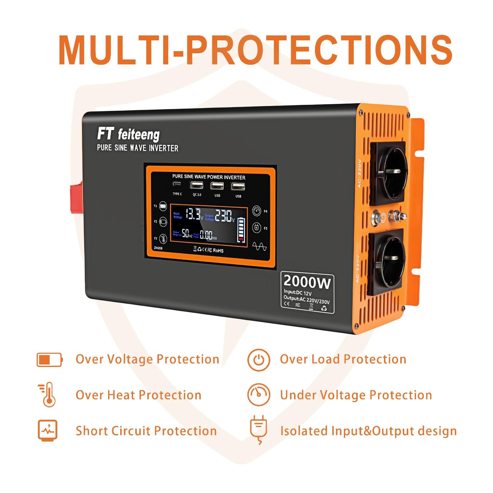 Convertisseur 12V 220V pur sinus 2000W avec puissance crête 4000W 2 prises CA port USB écran LCD et télécommande