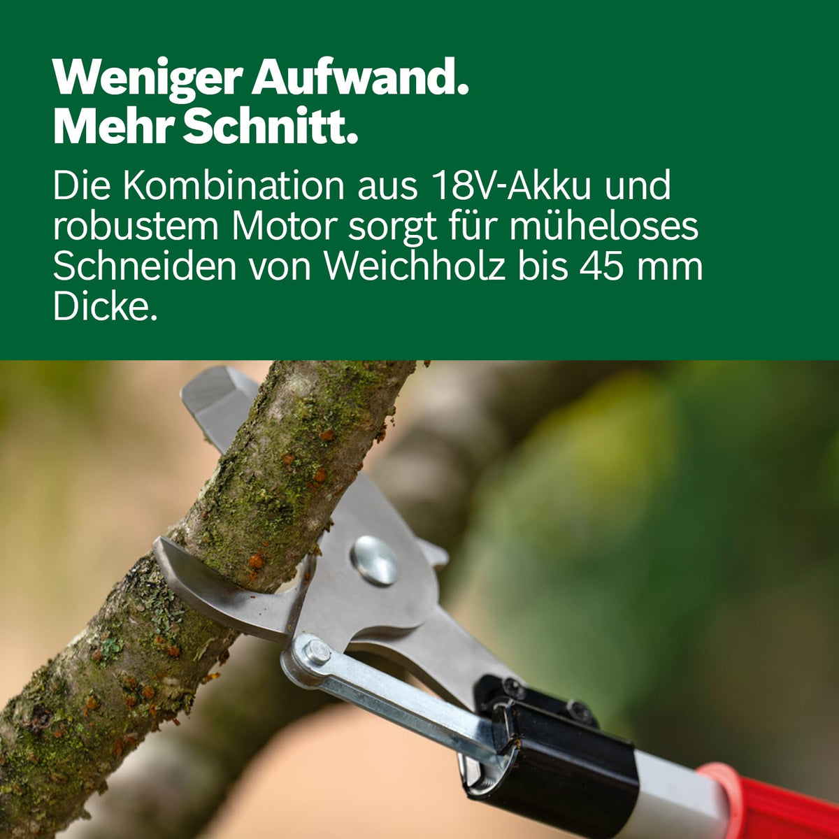 Akku-Gartenschere AdvancedPrune 18V-45 für Äste bis 45 mm, mit Verlängerungsstange, ohne Akku und Ladegerät