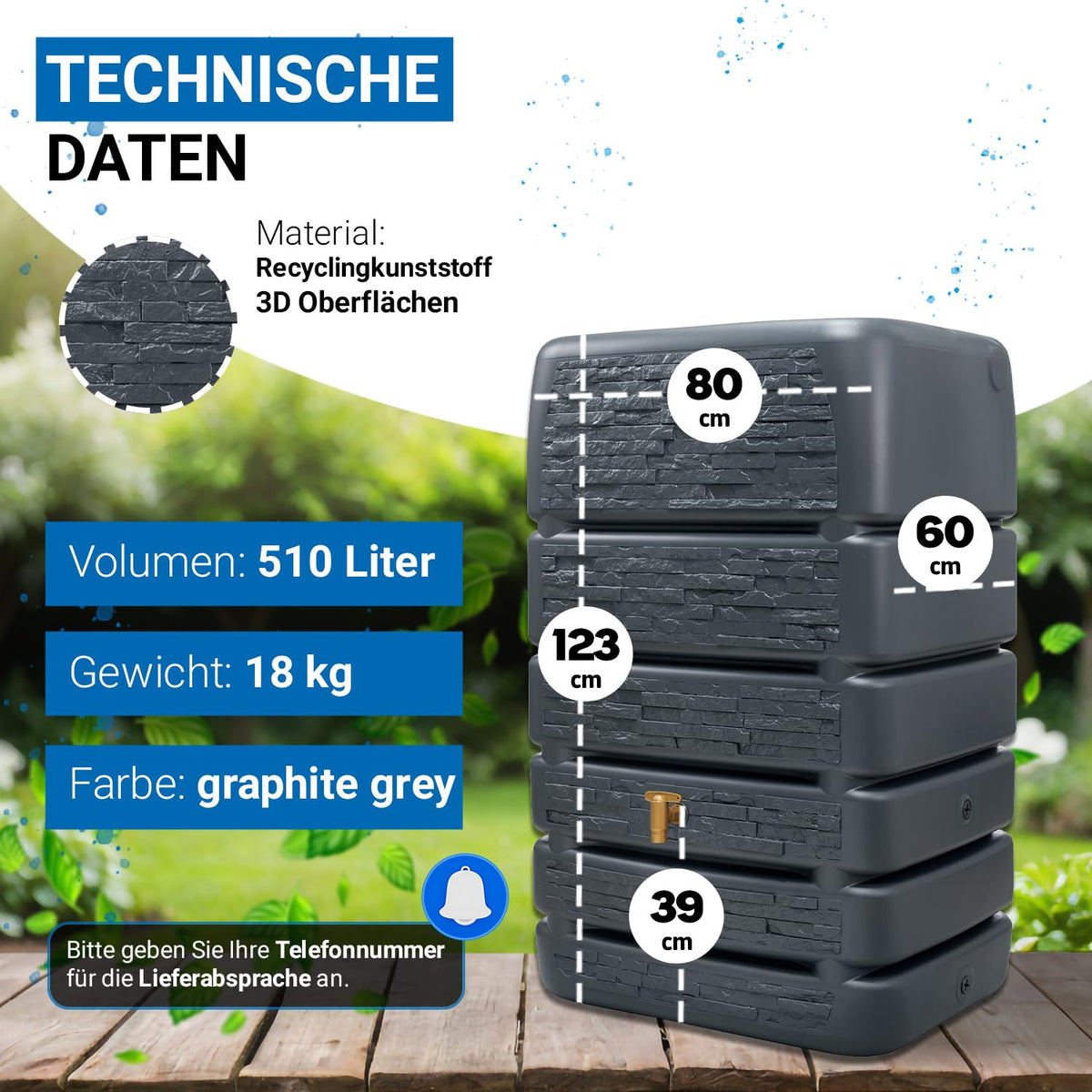 Regentonne Wandtank 510 Liter in Anthrazit mit Steindekor-Front, 80 x 60 x 123 cm, inkl. Auslaufhahn