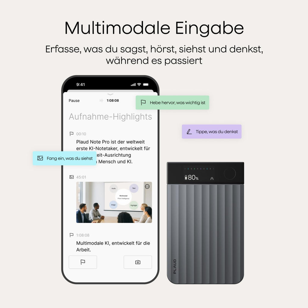 KI-Diktiergerät Note Pro 64 GB 50 Std. Akkulaufzeit 4 MEMS- und 1 VPU-Mikrofon mit KI-Beamforming Magnet-Case und Ladekabel