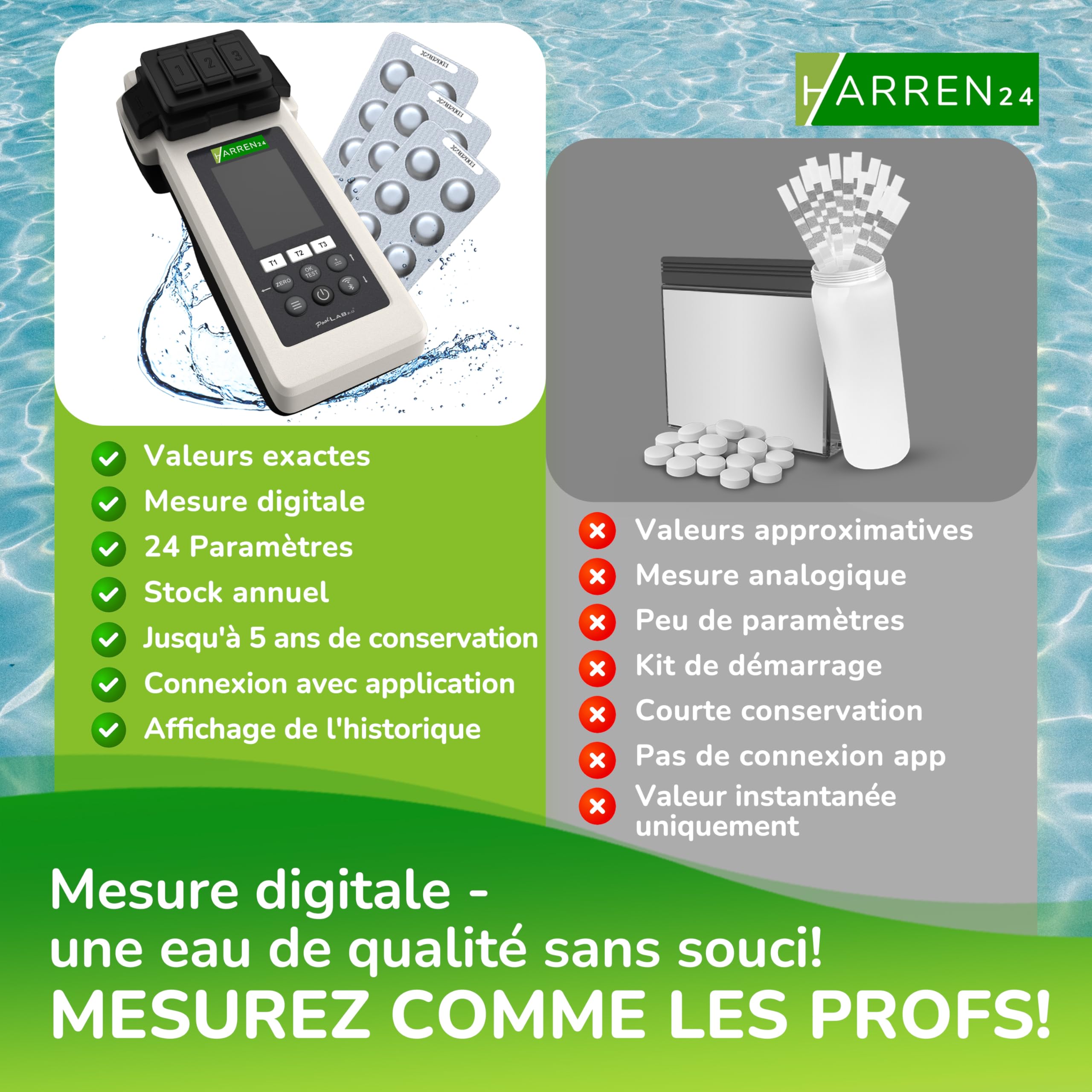 Testeur électronique de piscine photomètre 2.0 pour mesure du pH et du chlore avec 170 comprimés de test