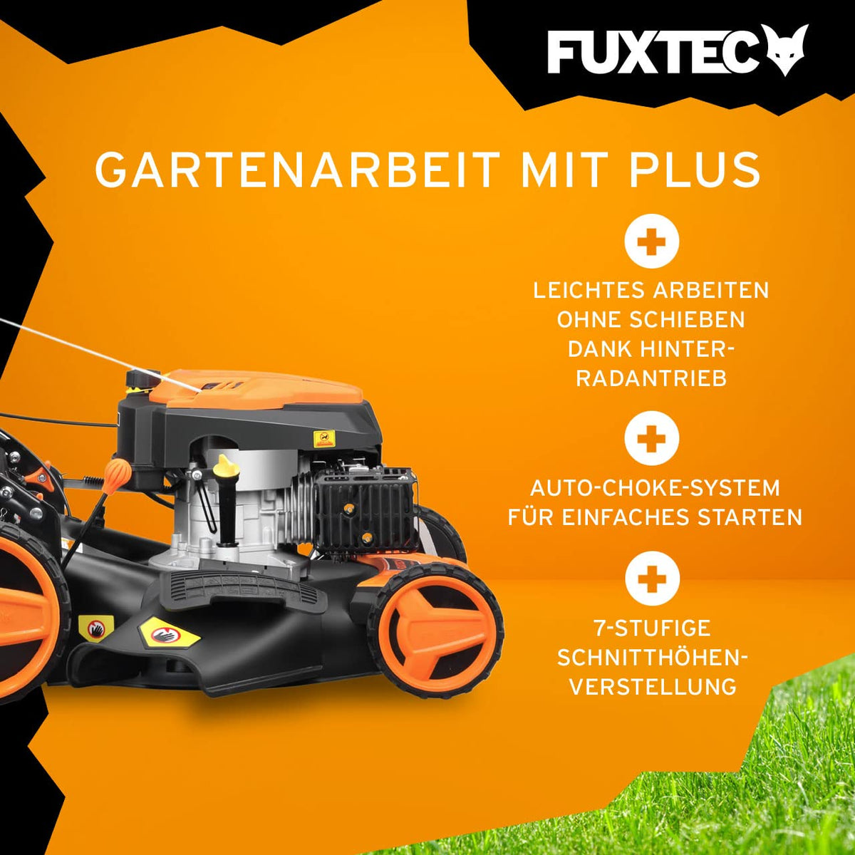 Benzin-Rasenmäher FX-RM5196 mit 196-ccm-4-Takt-Motor und 51 cm Schnittbreite, 4-in-1-Funktion mit Radantrieb und 60-Liter-Fangkorb