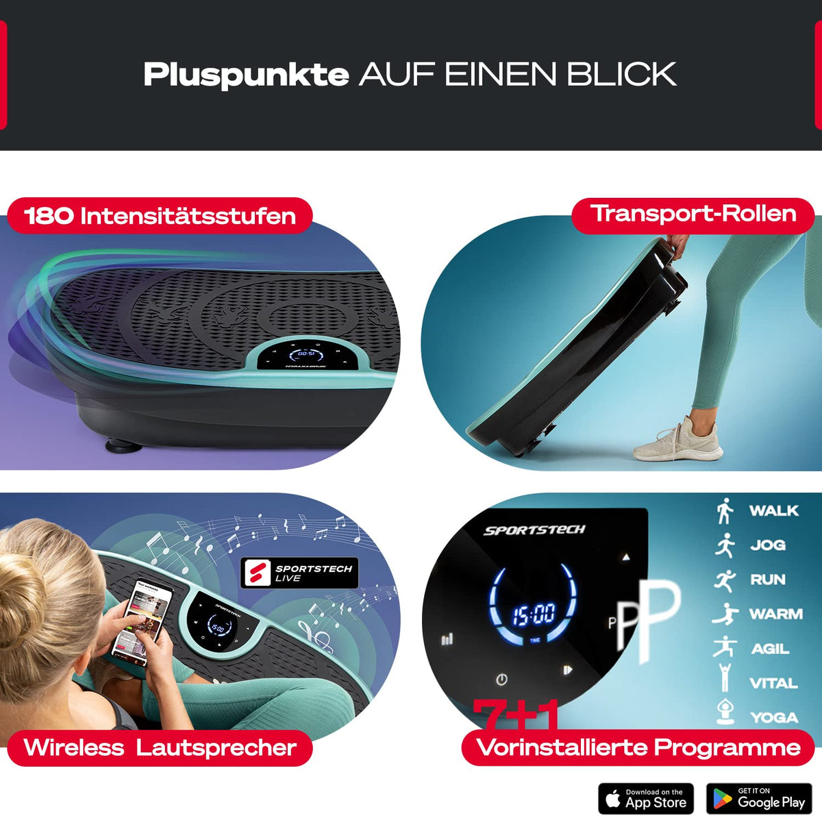 Vibrationsplatte mit leiser Motor, 180 Stufen und 7+1 Programmen inkl. Yoga, Bluetooth-Lautsprecher und Fernbedienung