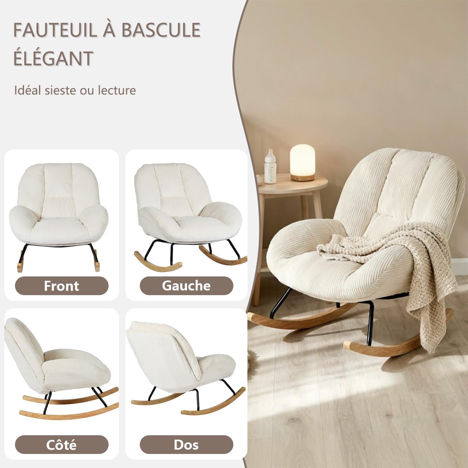 Fauteuil à bascule scandinave en velours côtelé rembourré avec dossier haut accoudoirs ergonomiques pour salon chambre beige