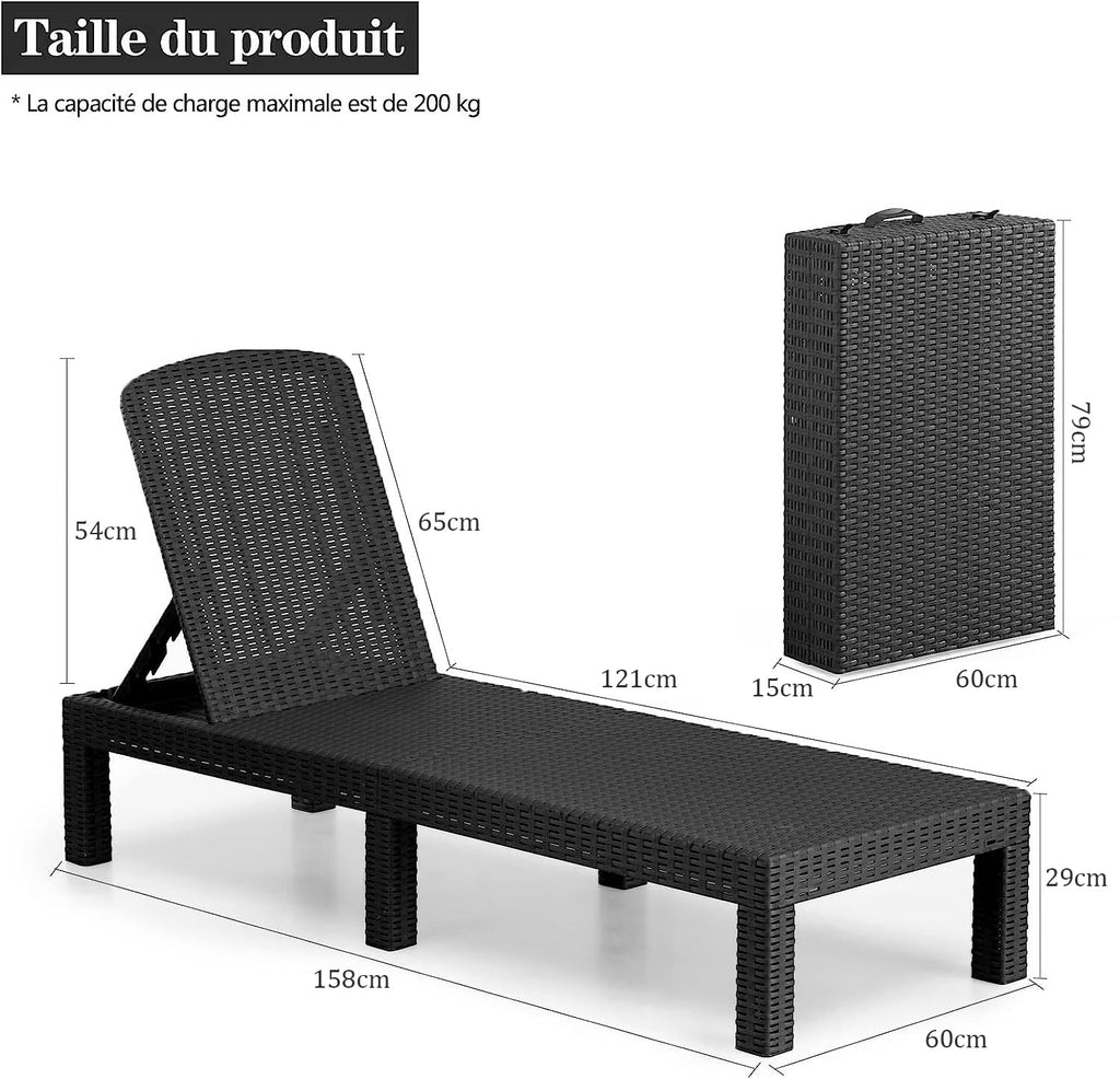 Bain de soleil jardin pliable dossier réglable en résine imitation rotin avec coussin lot de 2 dimensions 186 x 60 x 29 cm