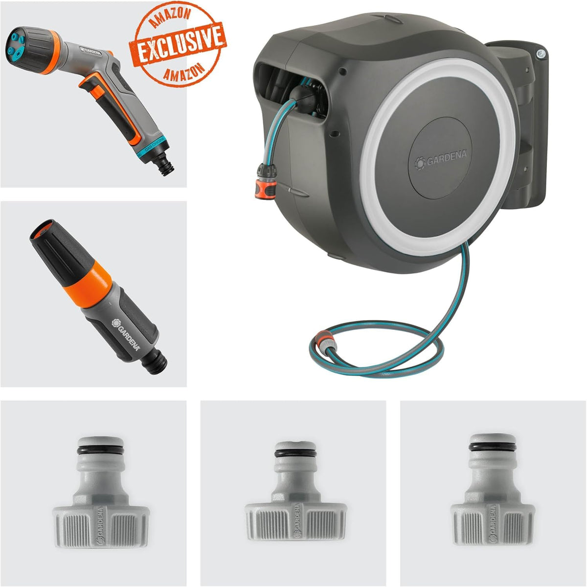 Wand-Schlauchbox RollUp L mit 30 m Schlauch, schwenkbar und frostsicher, inkl. Reinigungsspritze und Brause