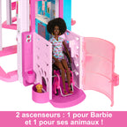 Maison de poupée enfant design 3 niveaux avec 10 espaces de jeu piscine toboggan ascenseur et 75 accessoires modèle HMX10