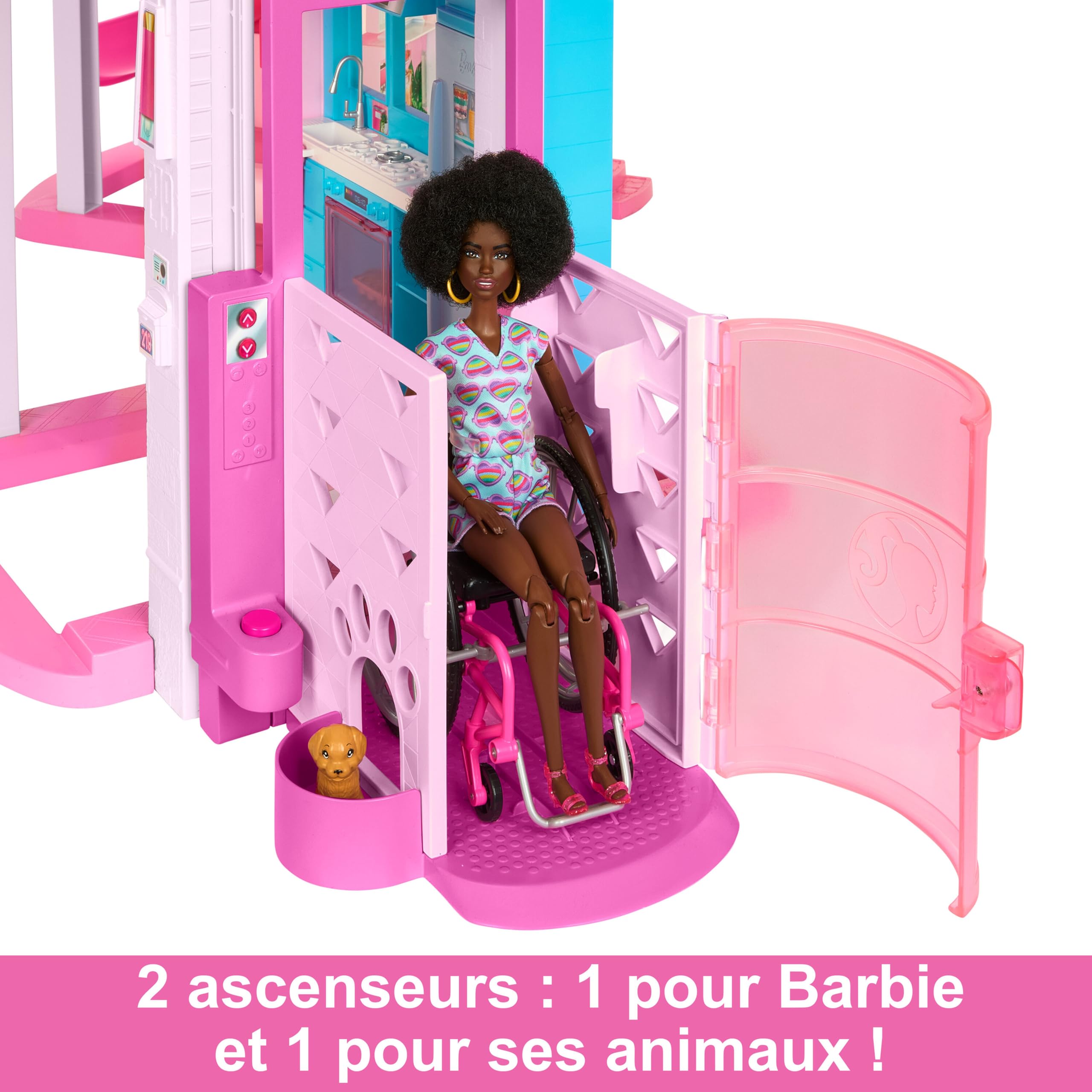 Maison de poupée enfant design 3 niveaux avec 10 espaces de jeu piscine toboggan ascenseur et 75 accessoires modèle HMX10