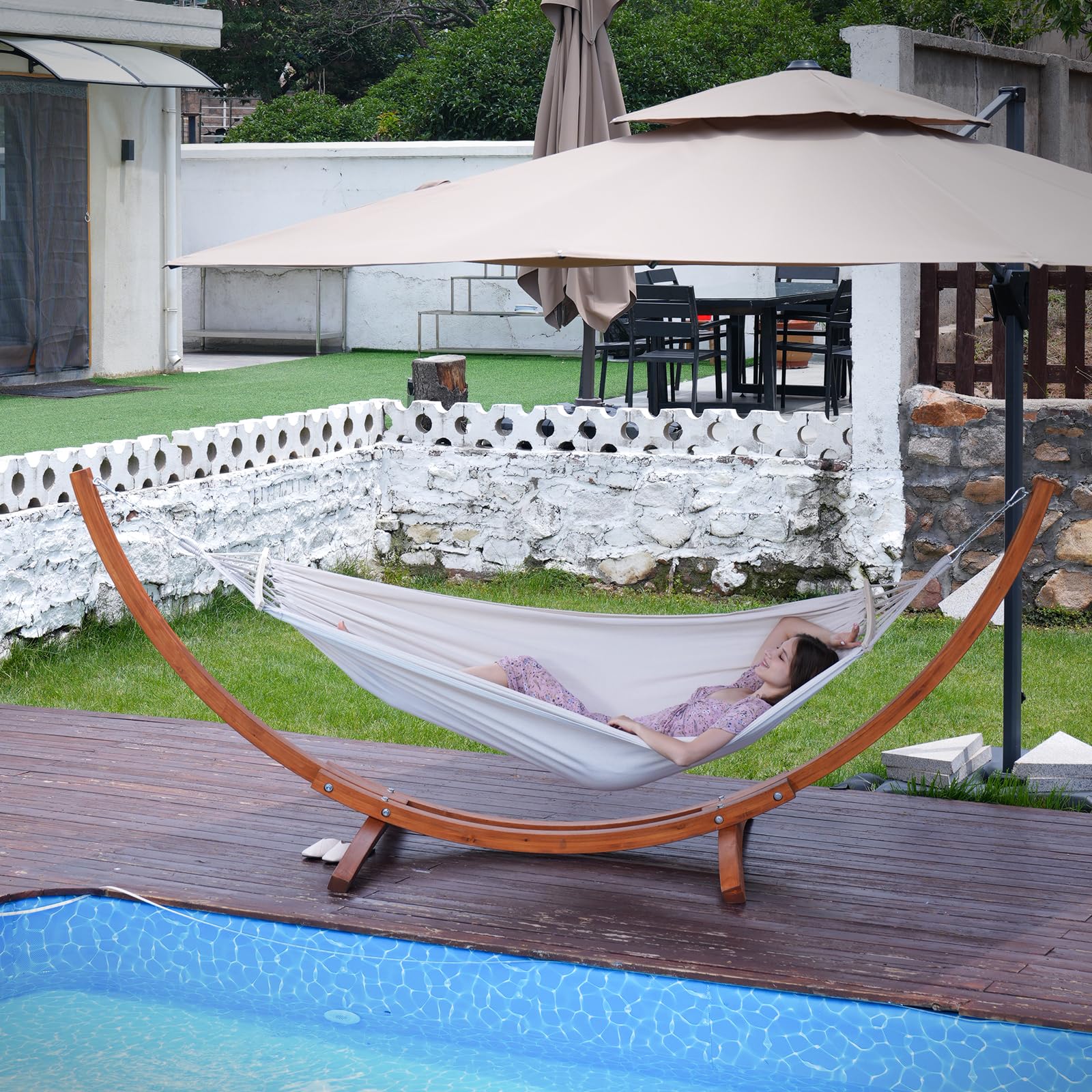 Hamac avec support en bois de pin massif 320 x 120 cm réglable en hauteur charge 200 kg extérieur