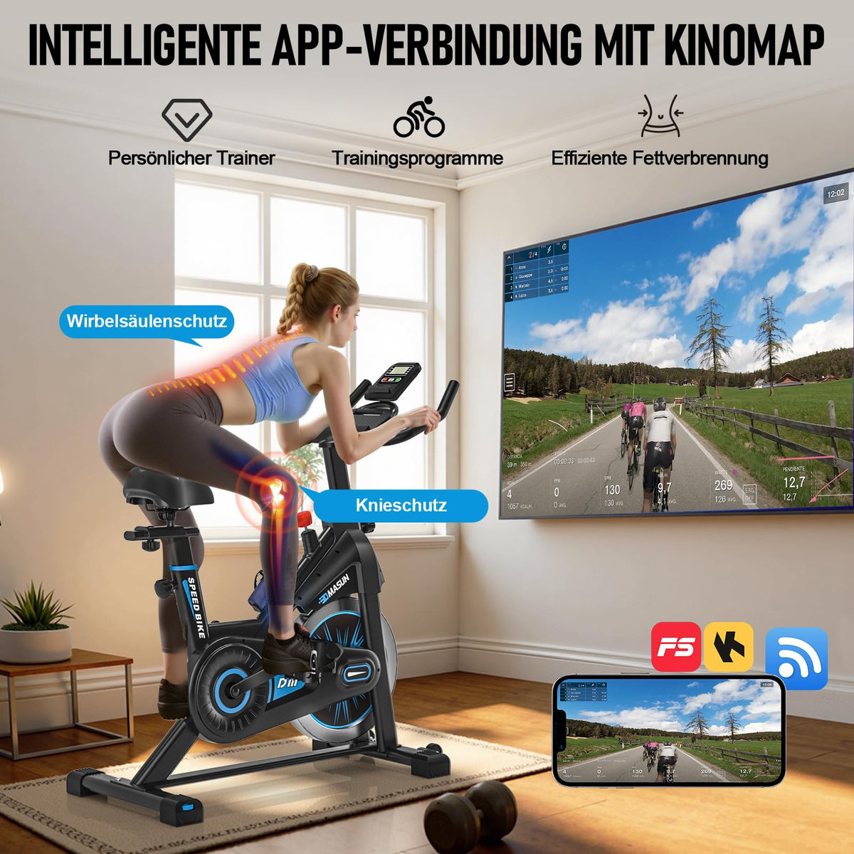 Heimtrainer Fahrrad mit App-Kompatibilität und LCD-Monitor, magnetischer Widerstand, bis 180 kg, Modell 8715C