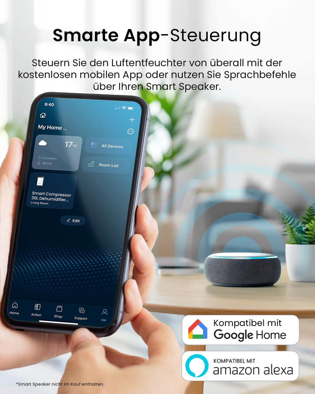 Luftentfeuchter 30L in 24h mit WLAN & App, Feuchtigkeitssensor und 4L Wassertank