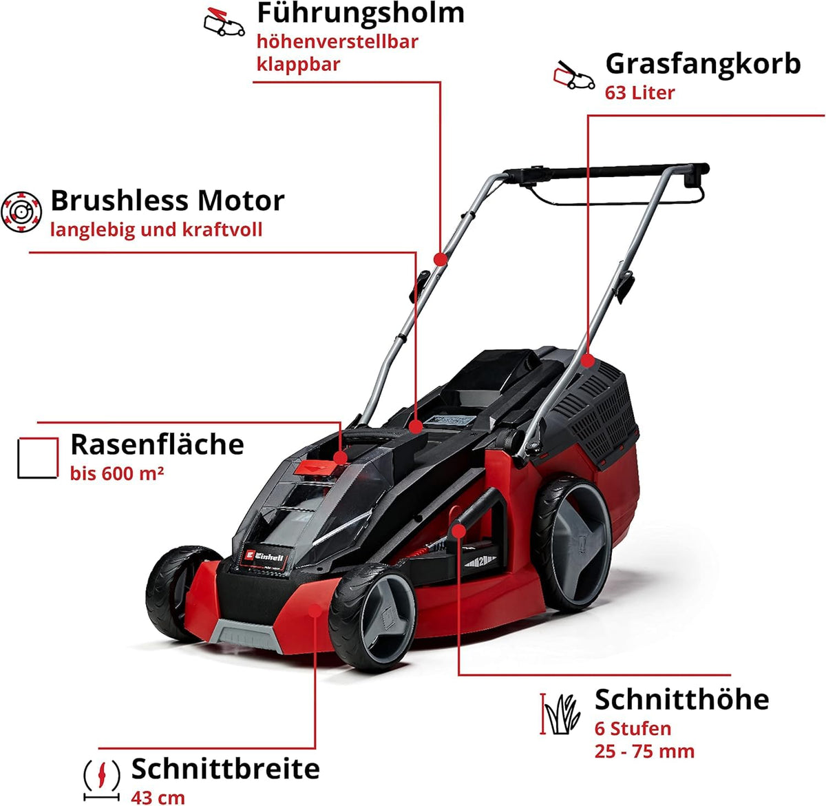 Akku-Rasenmäher GE-CM 43 Li M Kit mit 36 V, 43 cm Schnittbreite und 63 L Grasfangbehälter, inkl. 2x 4,0 Ah Akku und 2 Schnellladegeräte
