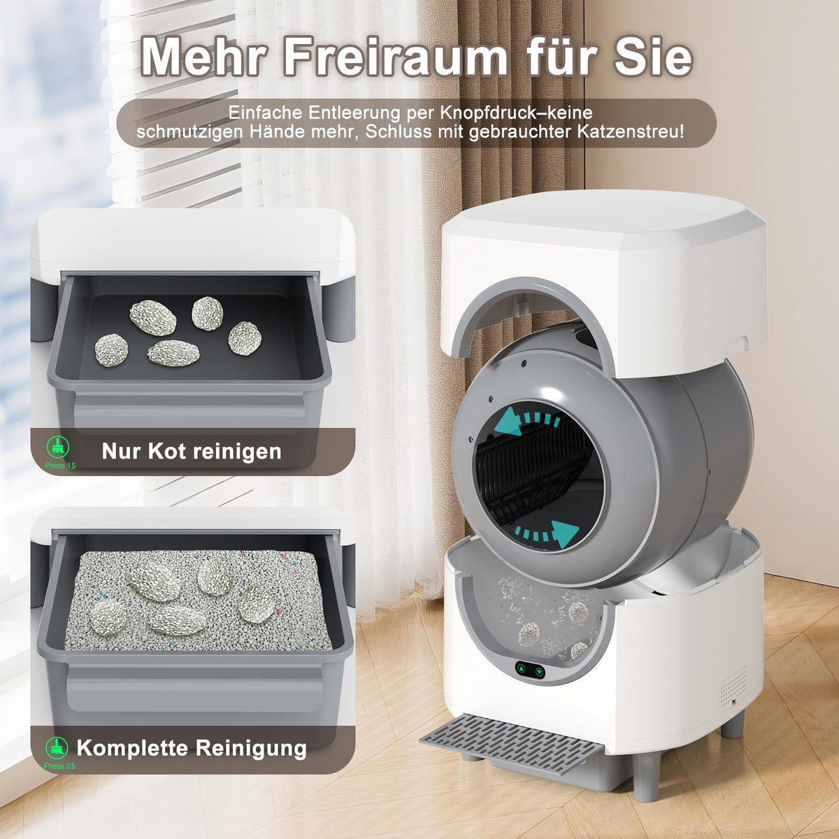 Selbstreinigende Katzentoilette 90 L für mehrere Katzen mit App-Steuerung und Geruchskontrolle