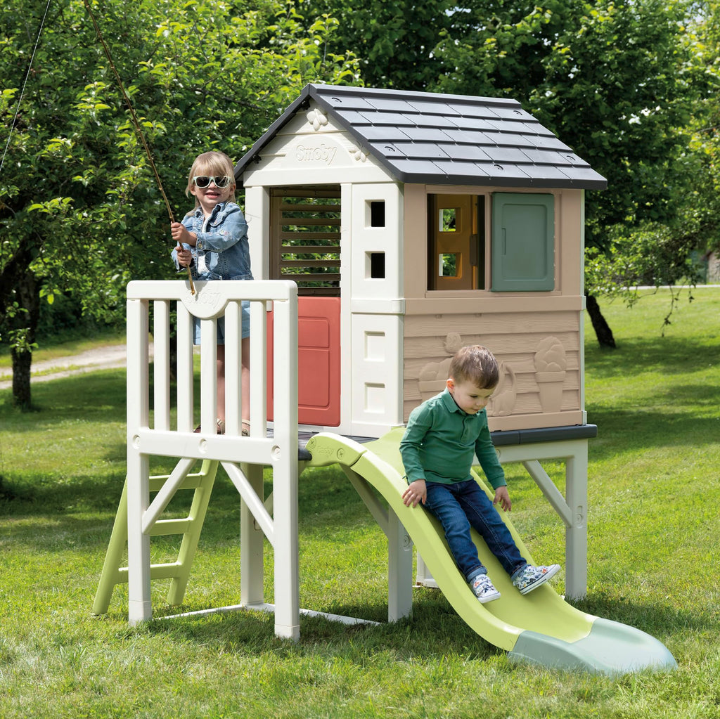Maison de jeu enfant sur pilotis avec plateforme 70 cm échelle et toboggan matériau recyclé dès 2 ans modèle 7600810802