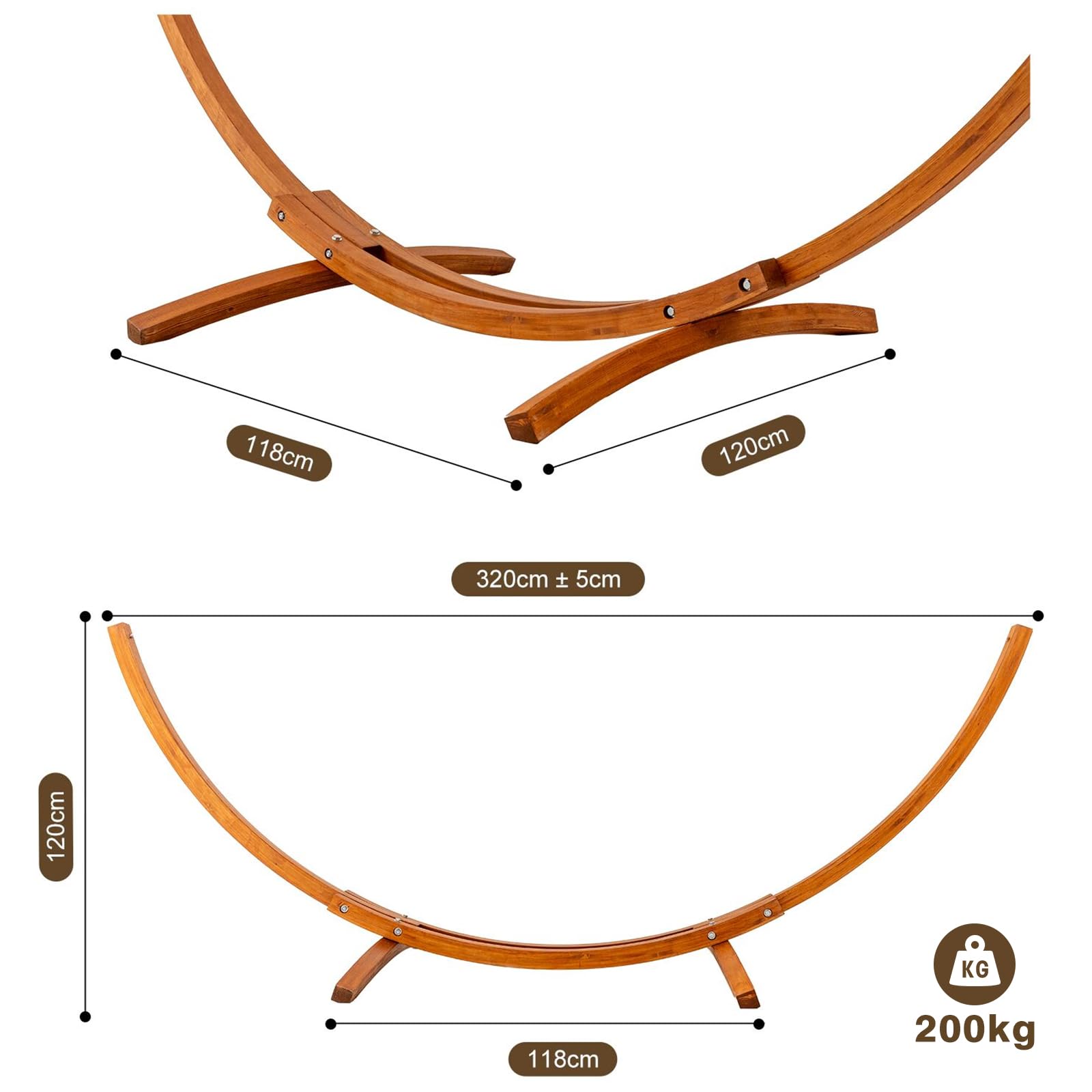 Hamac avec support en bois de pin massif 320 x 120 cm réglable en hauteur charge 200 kg extérieur