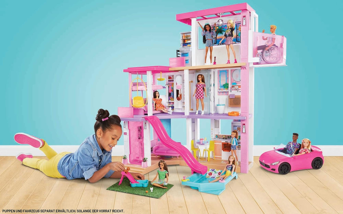 Puppenhaus Spielset Traumvilla, ca. 110 cm hoch und 105 cm breit, mit 10 Räumen, Aufzug, Rutsche, Pool und über 75 Teilen