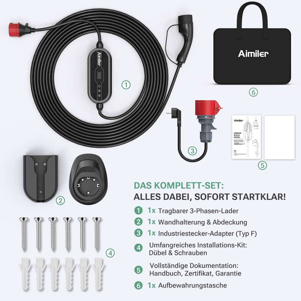 Mobile Wallbox 11 kW mit App-Steuerung, 400 V, 8-16 A, 3-phasig, 7,6 m Typ-2-Ladekabel, IP66, OLED, inkl. Transporttasche und Wandhalterung, schwarz