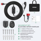 Mobile Wallbox 11 kW mit App-Steuerung, 400 V, 8-16 A, 3-phasig, 7,6 m Typ-2-Ladekabel, IP66, OLED, inkl. Transporttasche und Wandhalterung, schwarz