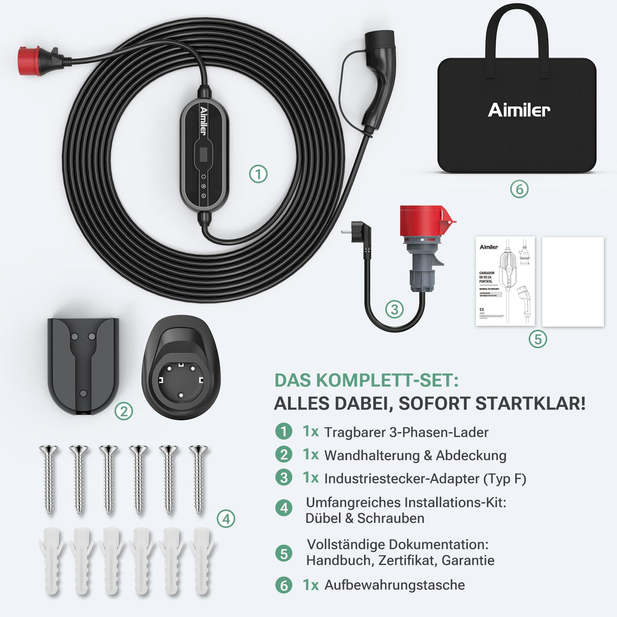 Mobile Wallbox 11 kW mit App-Steuerung, 400 V, 8-16 A, 3-phasig, 7,6 m Typ-2-Ladekabel, IP66, OLED, inkl. Transporttasche und Wandhalterung, schwarz
