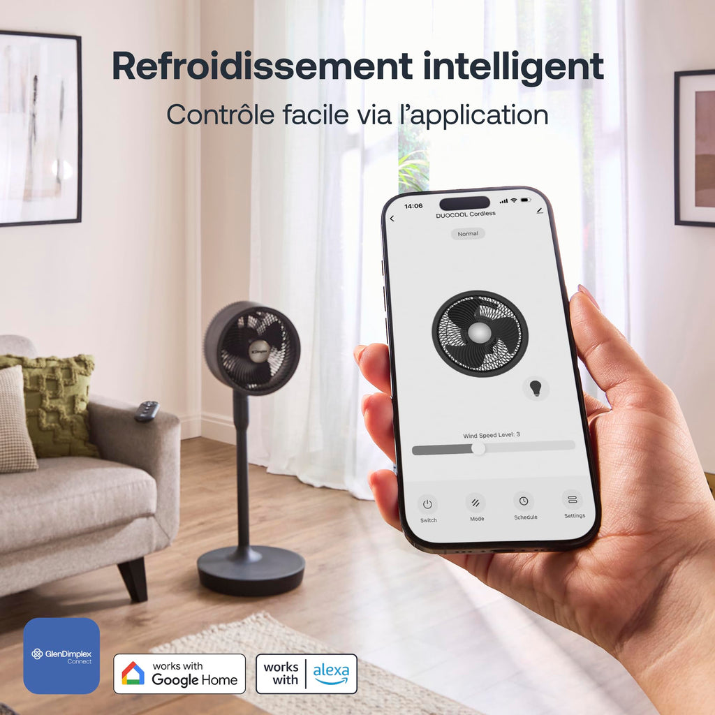 Ventilateur sans fil 2 en 1 sur pied et de table DUOCOOL Smart avec batterie rechargeable 45 h 5 vitesses mode Turbo télécommande et application
