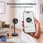 Ventilateur sans fil 2 en 1 sur pied et de table DUOCOOL Smart avec batterie rechargeable 45 h 5 vitesses mode Turbo télécommande et application