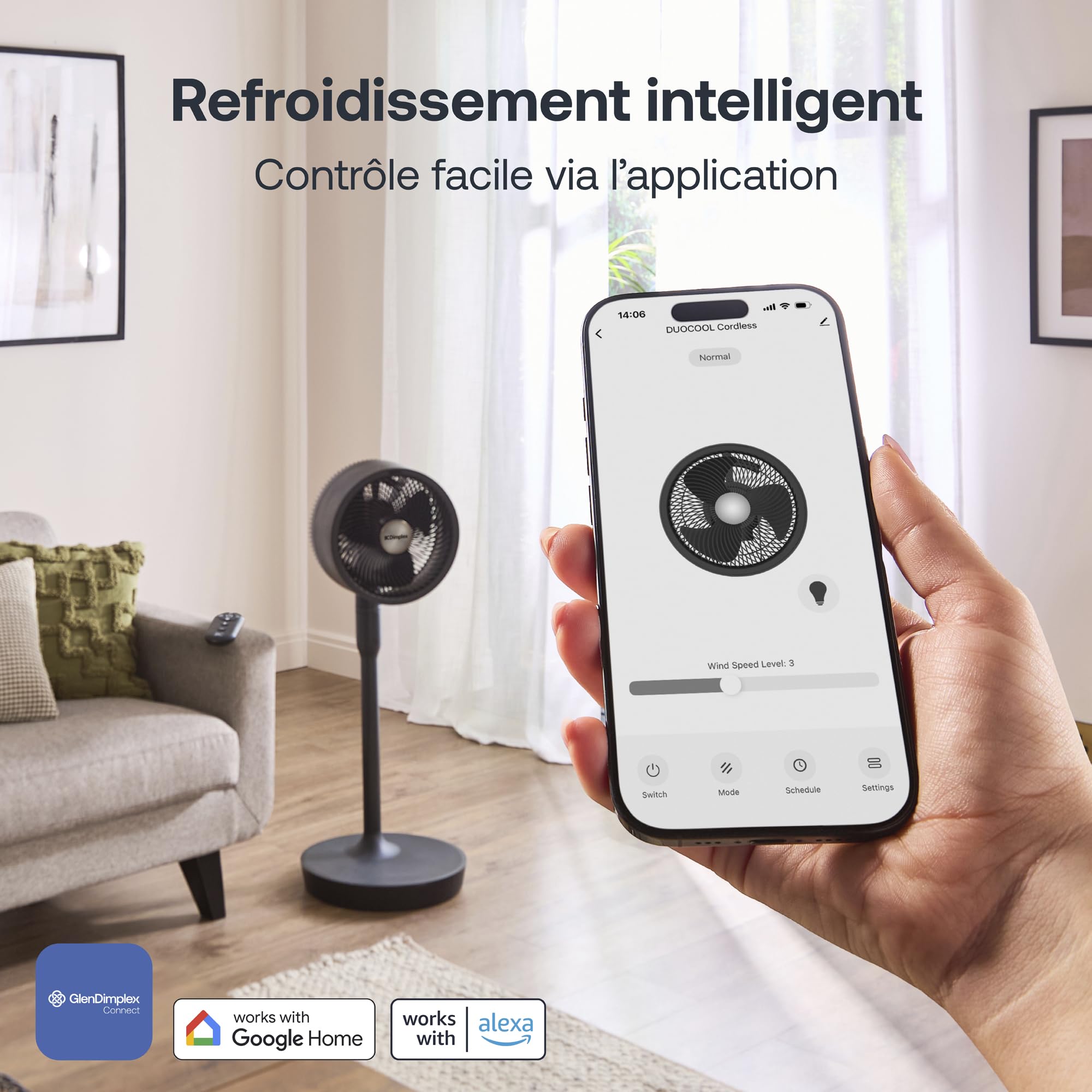 Ventilateur sans fil 2 en 1 sur pied et de table DUOCOOL Smart avec batterie rechargeable 45 h 5 vitesses mode Turbo télécommande et application