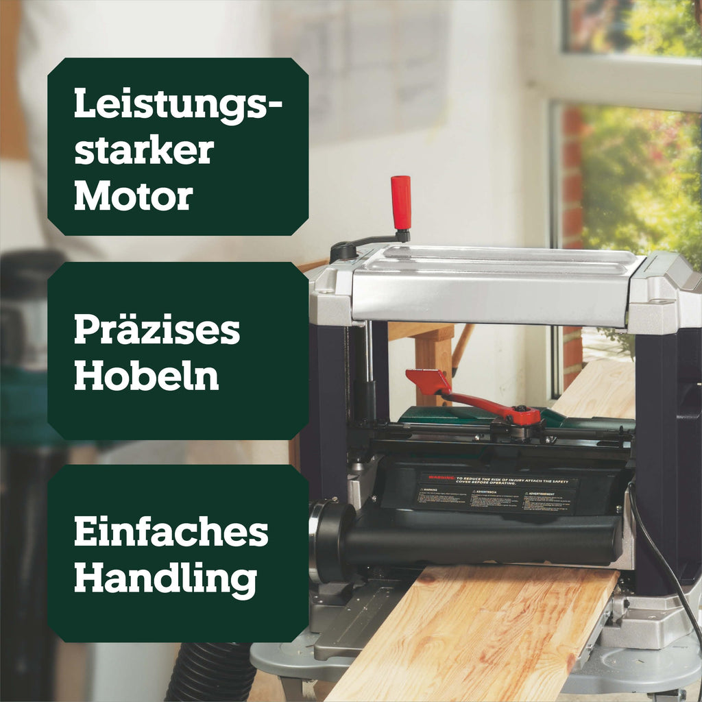 Dickenhobel DH 330 mit 1800 W und HSS-Messern, mobile Hobelmaschine mit Handkurbel und Absaugstutzen