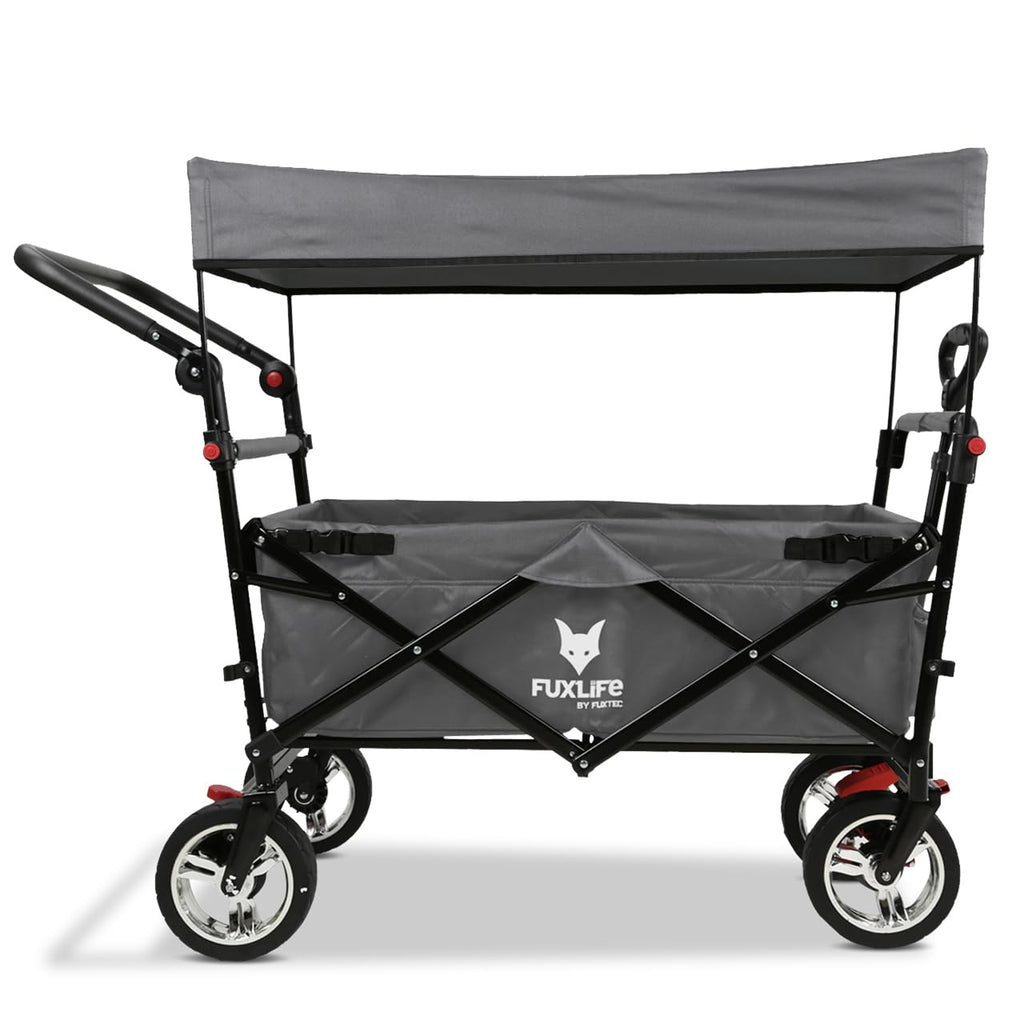 Faltbarer Bollerwagen FX-CT700 für 2 Kinder, grau, mit gepolstertem Innenraum, Sonnendach und Feststellbremsen, 75 kg Tragkraft