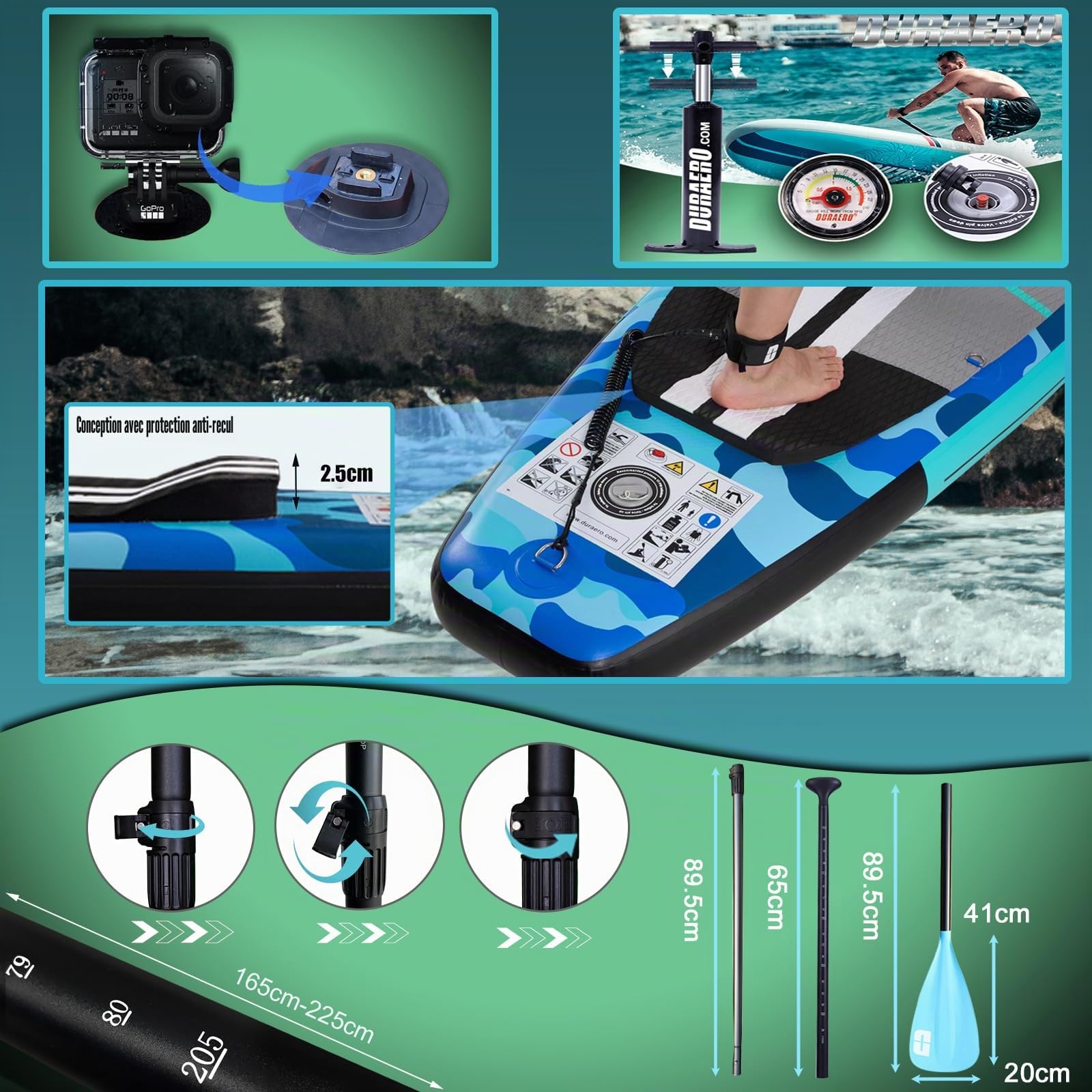 Planche SUP gonflable 330 x 76 x 15 cm avec siège kayak pagaie réglable 3 ailerons support caméra charge 150 kg