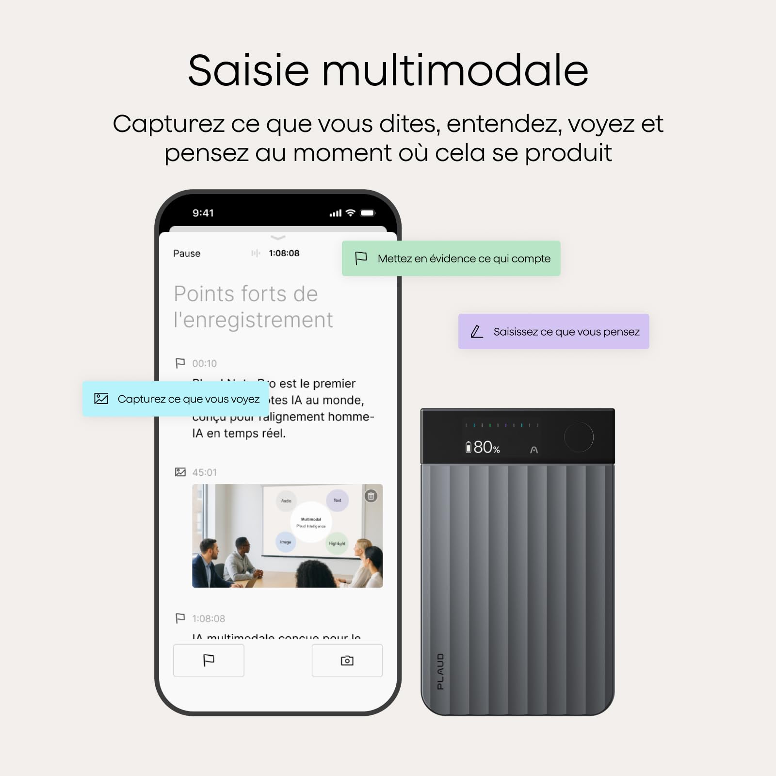 Enregistreur vocal IA Note Pro avec transcription automatique 64 Go Bluetooth 50 h d'enregistrement étui magnétique inclus