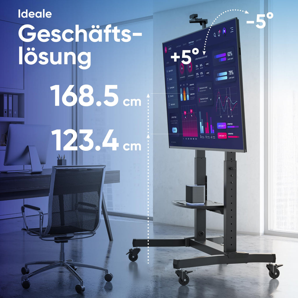 Rollbarer TV-Ständer TS1991-B für 50–100 Zoll bis 120 kg VESA 200x200–1000x600 höhenverstellbar neigbar mit AV- und Webcam-Ablage
