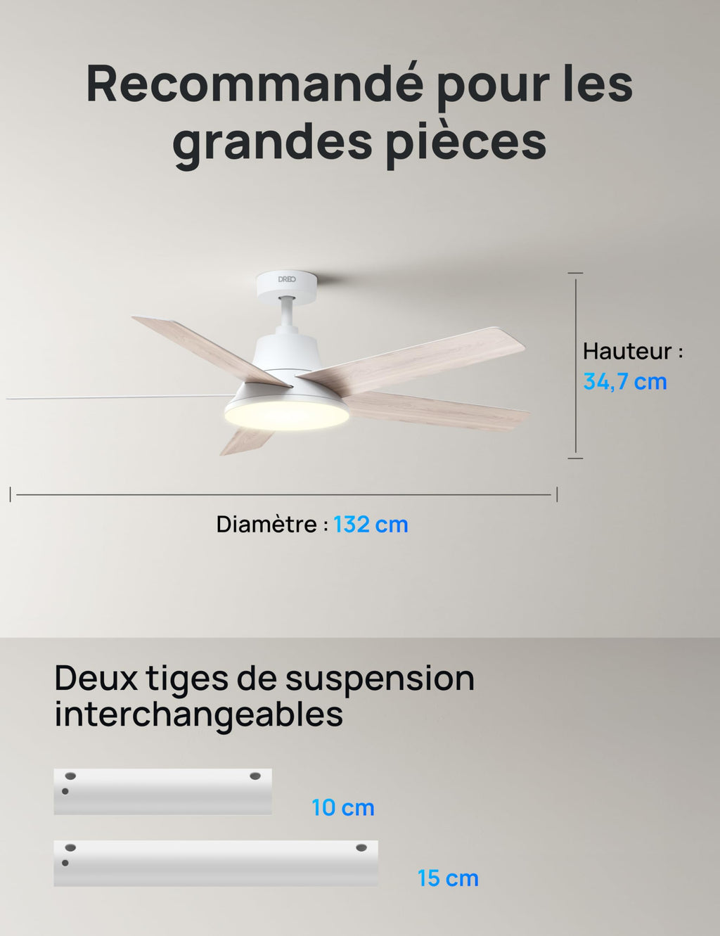 Ventilateur de plafond intelligent 132 cm avec lumière LED dimmable 12 vitesses moteur DC télécommande et contrôle APP