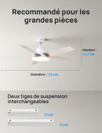 Ventilateur de plafond intelligent 132 cm avec lumière LED dimmable 12 vitesses moteur DC télécommande et contrôle APP