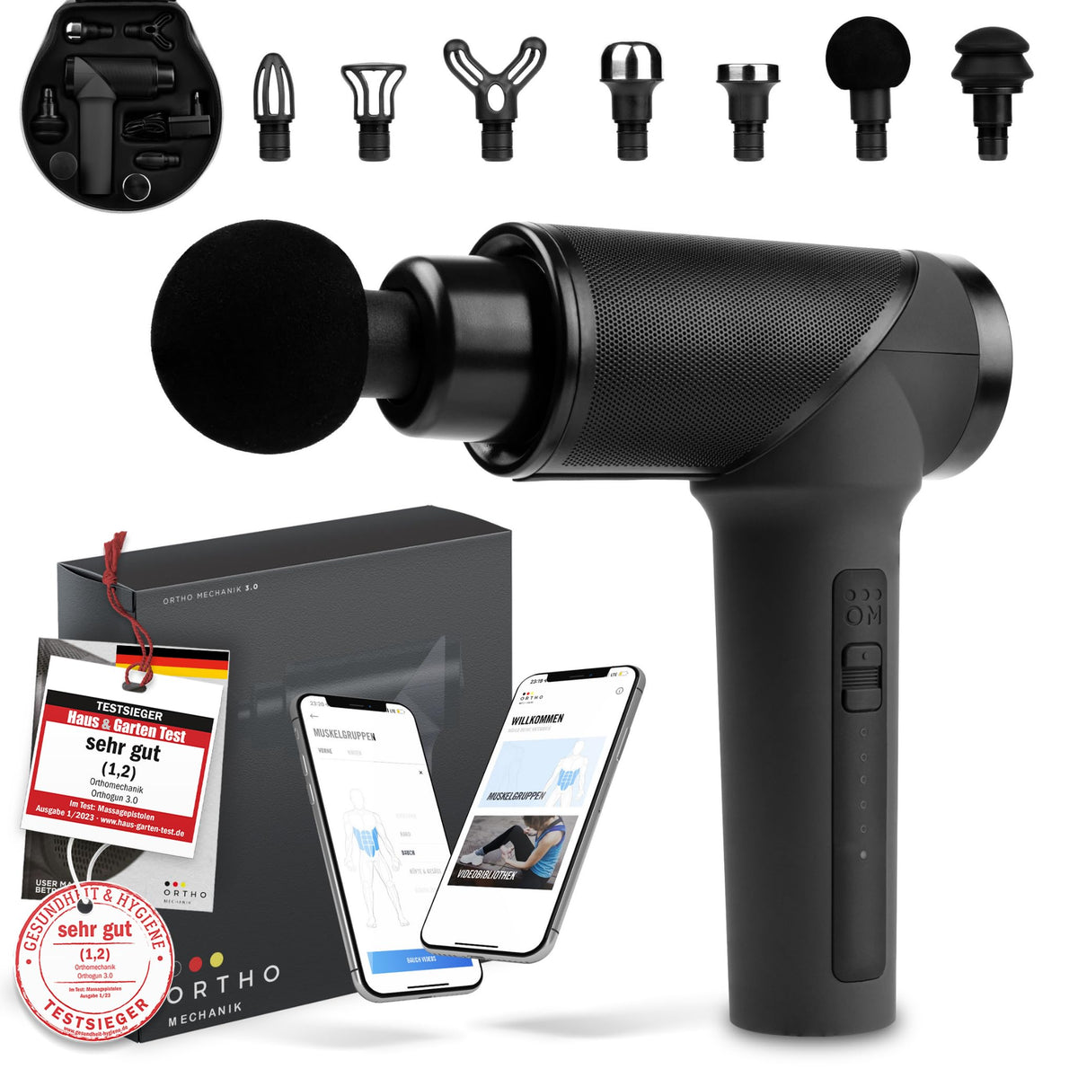Massagepistole mit App und 7 Aufsätzen inkl. Koffer, 160-W-Motor, 5 Intensitäten, bis zu 360 Min. Laufzeit