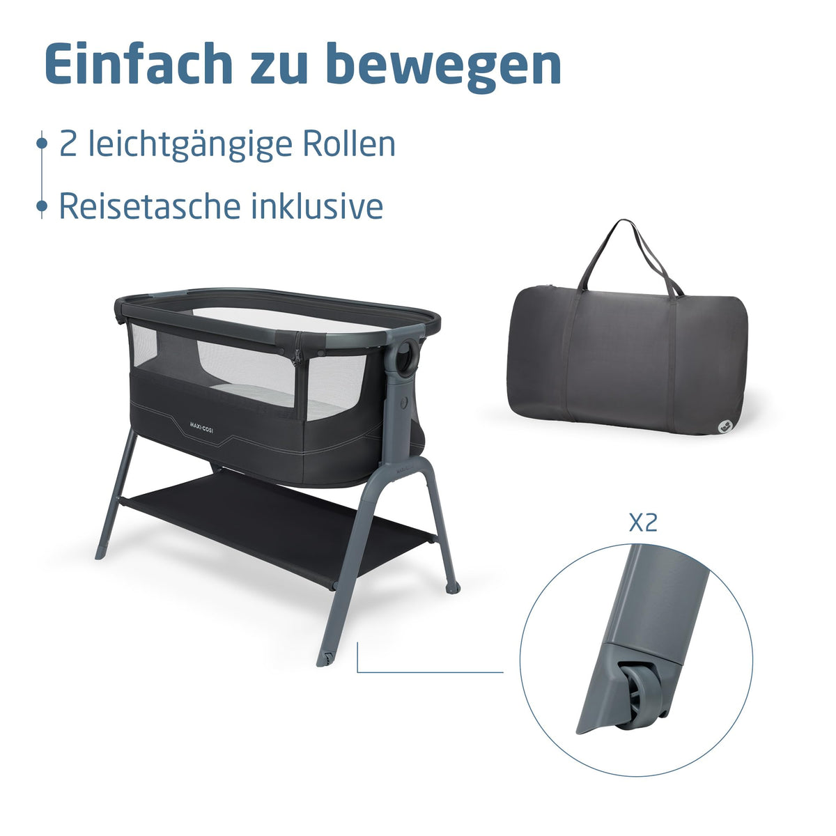 Baby Beistellbett Iora² von 0-6 Monaten mit CloudCore-Matratze, 5 Höhenstufen und Easy Slide, klappbar mit Rollen und Tragetasche, Elegance Graphite