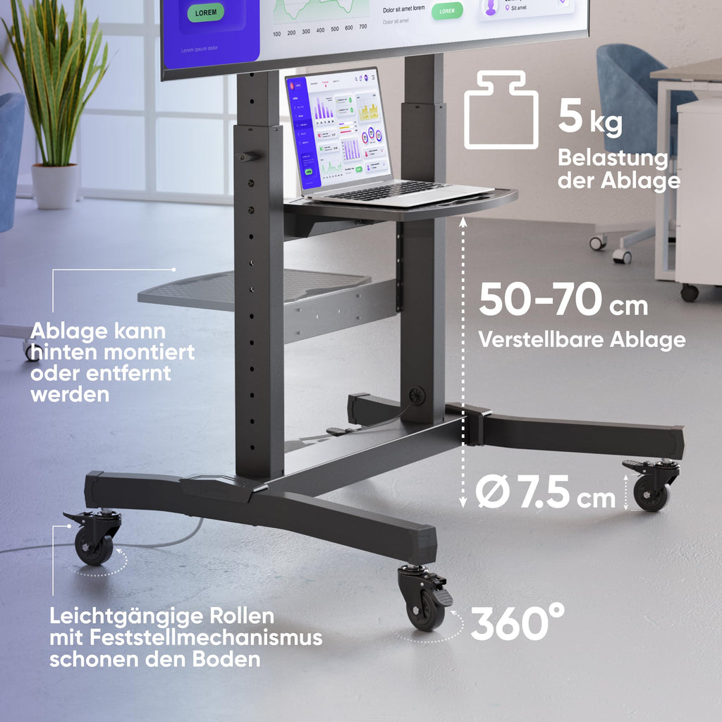 Rollbarer TV-Ständer TS1991-B für 50–100 Zoll bis 120 kg VESA 200x200–1000x600 höhenverstellbar neigbar mit AV- und Webcam-Ablage