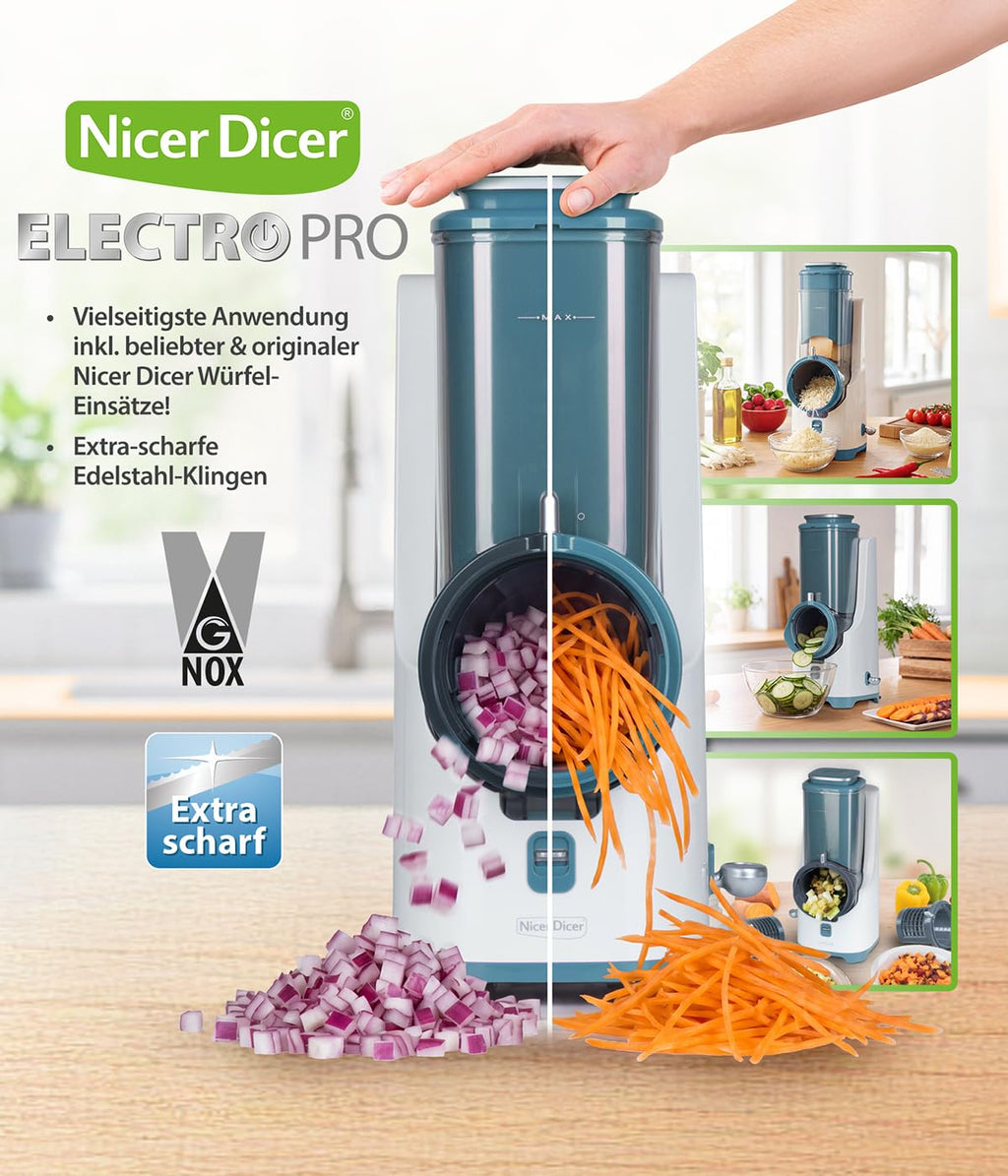 Elektrischer Gemüseschneider Nicer Dicer Electro PRO Set 32-teilig in Sage mit 9 Einsätzen zum Reiben, Hobeln, Würfeln und Schneiden