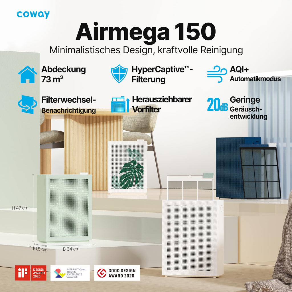 Luftreiniger für Schlafzimmer und Allergiker AIRMEGA 150 mit HEPA-Filter, 281 m³/h CADR, weiß