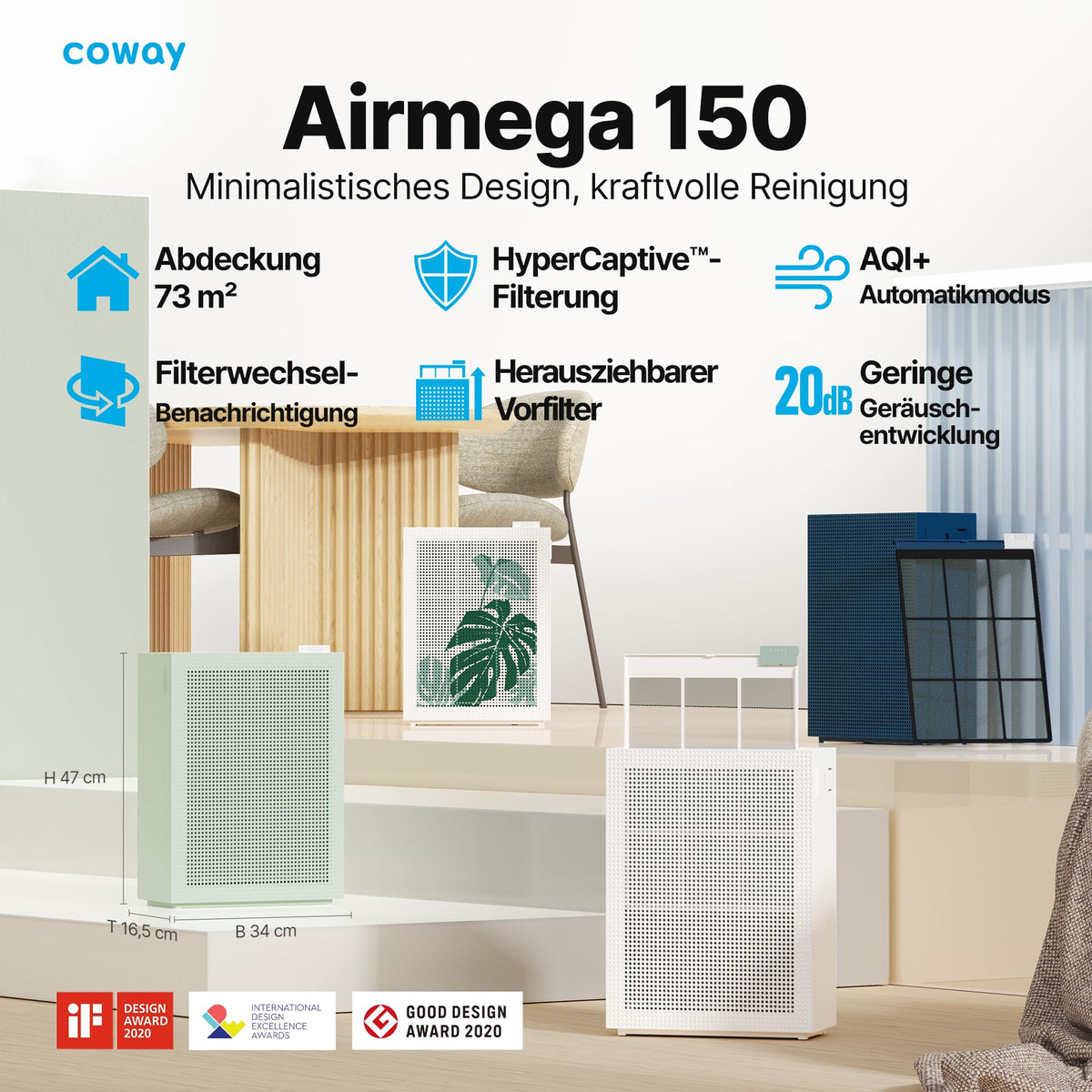 Luftreiniger für Schlafzimmer und Allergiker AIRMEGA 150 mit HEPA-Filter, 281 m³/h CADR, weiß