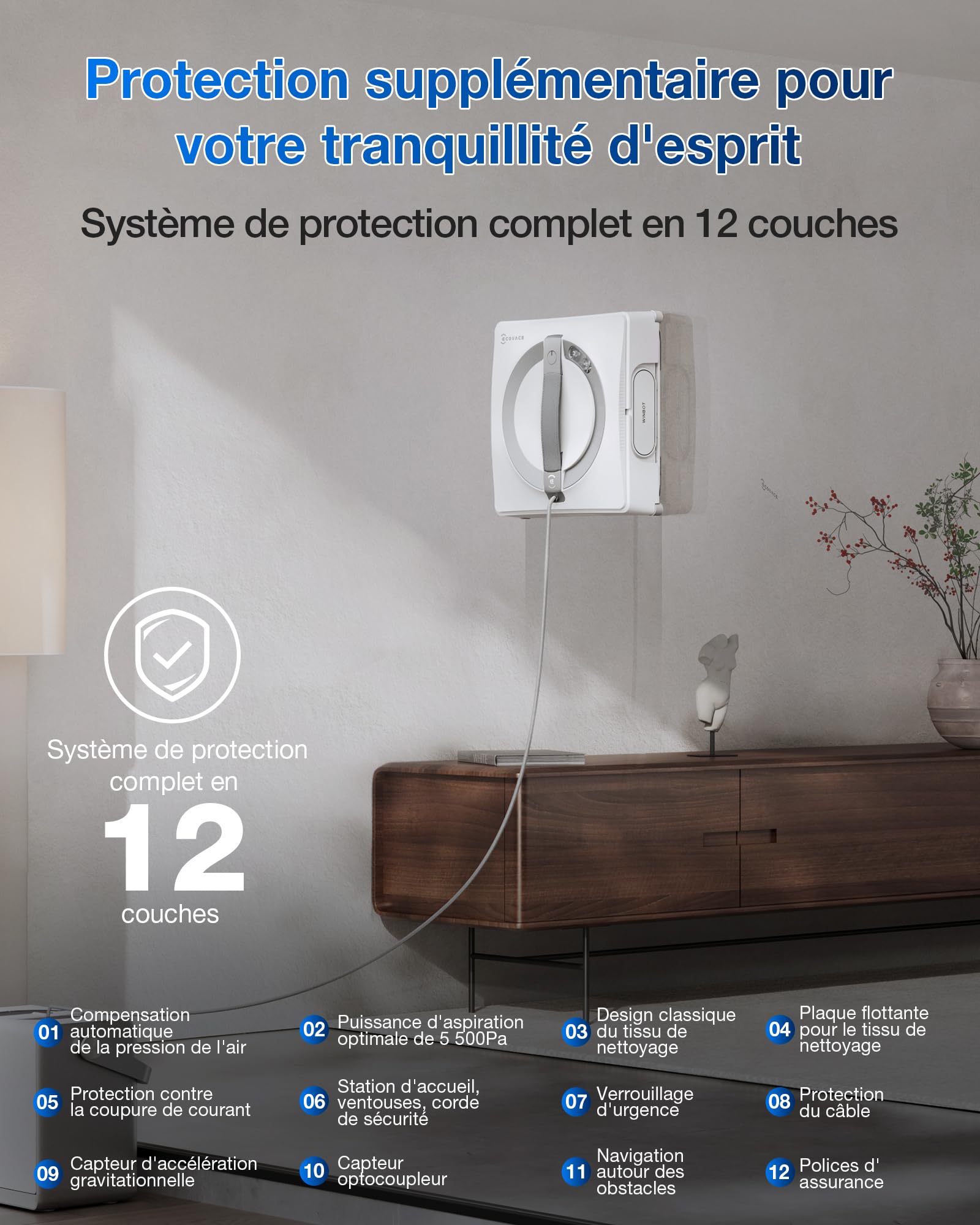 Robot nettoyeur de vitres WINBOT W2 Pro Omni WG851-11 avec station multifonction pulvérisation triple buse et système de protection 12 niveaux