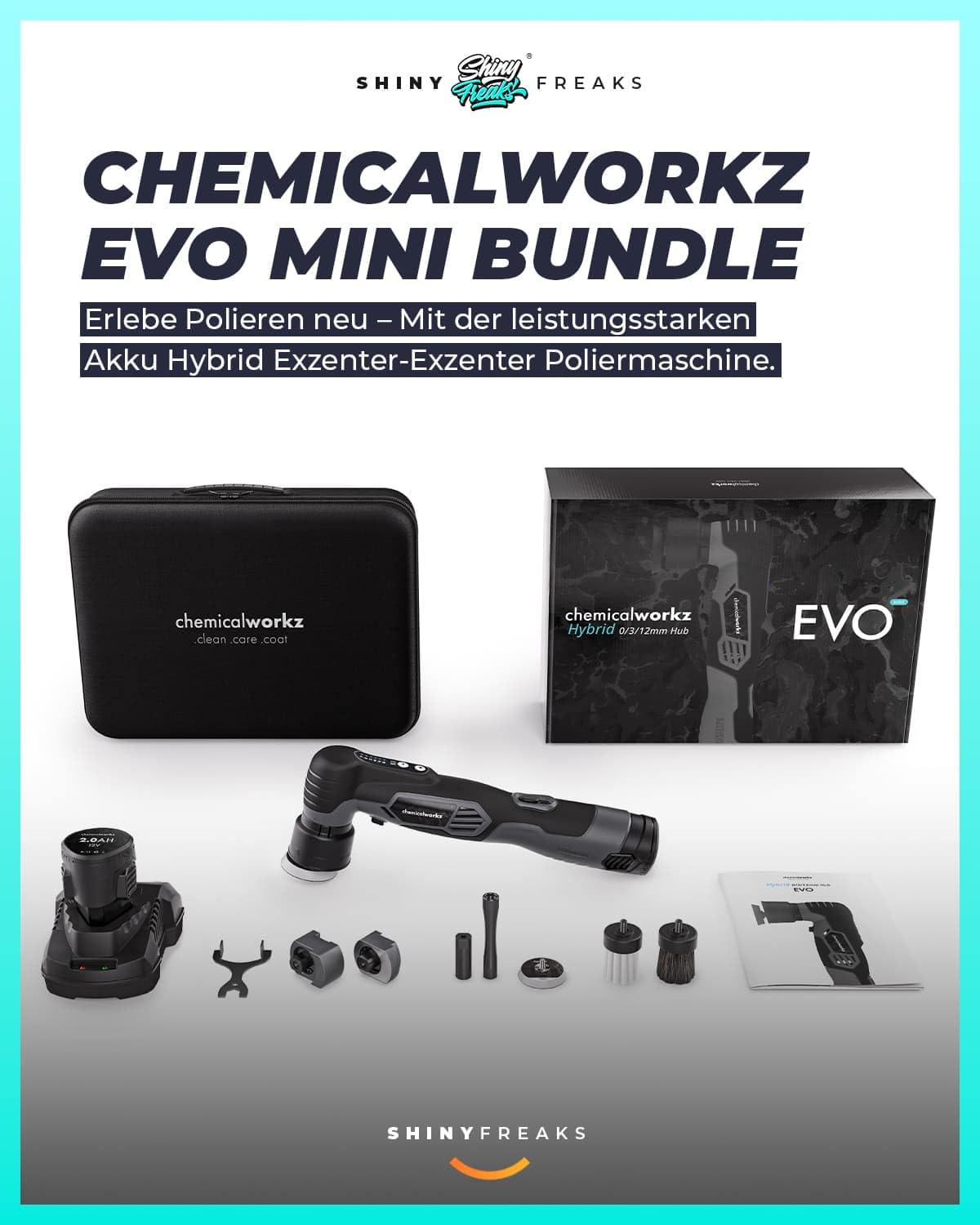 Akku Mini Poliermaschine EVO Mini 25-teiliges Set mit Exzenter- und Rotationsadapter, Stütztellern, Pads, Polierkegeln und Polituren