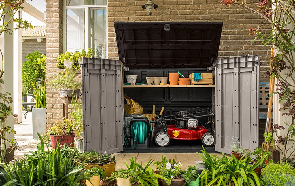 Abri poubelle extérieur 1200 litres en polypropylène imitation lattes de bois avec plancher porte verrouillable dimensions 145,5 x 82 x 123 cm