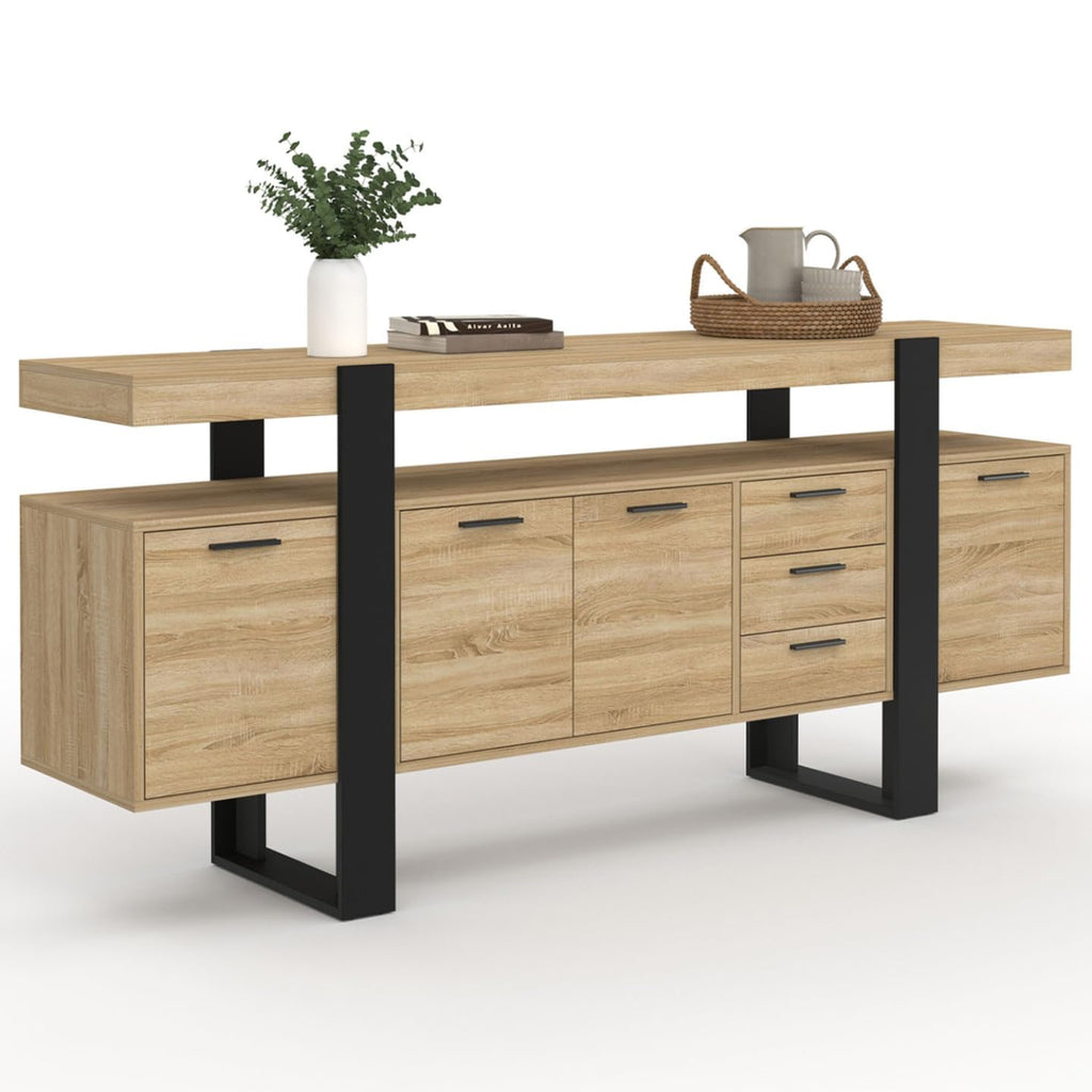 Buffet Phoenix XXL 180 cm avec 4 portes 3 tiroirs et étagères réglables en bois et noir style industriel