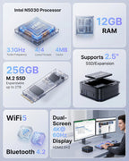 Mini-PC Intel N5030 mit 12 GB RAM 256 GB SSD Intel UHD Graphics 605 4K 60 Hz 2x HDMI 2.0 WiFi 5 Bluetooth 4.2 VESA-Halterung
