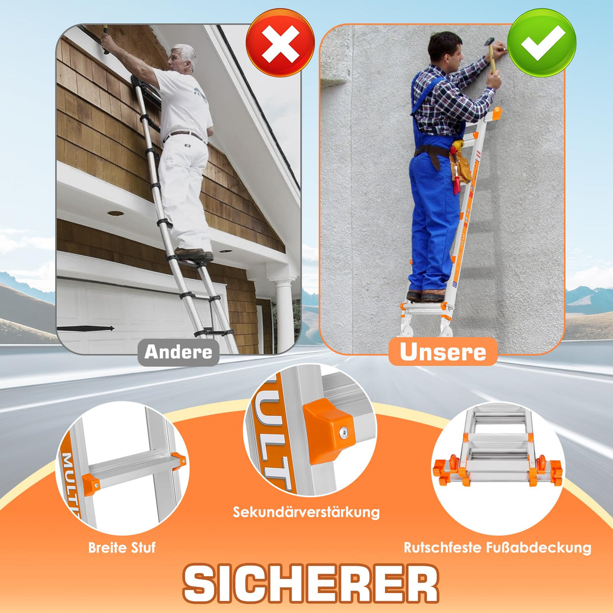 6-Stufen-Mehrzweckleiter aus Aluminium mit Ausziehfunktion bis 6,10 m, 150 kg Traglast sowie Stabilisator und Rädern