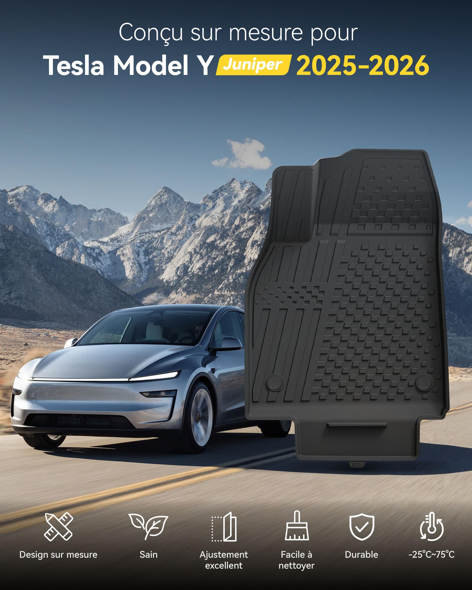 Tapis de sol pour Tesla Model Y Juniper 2025 2026 set 4 pièces en TPE imperméable antidérapant ajustement précis