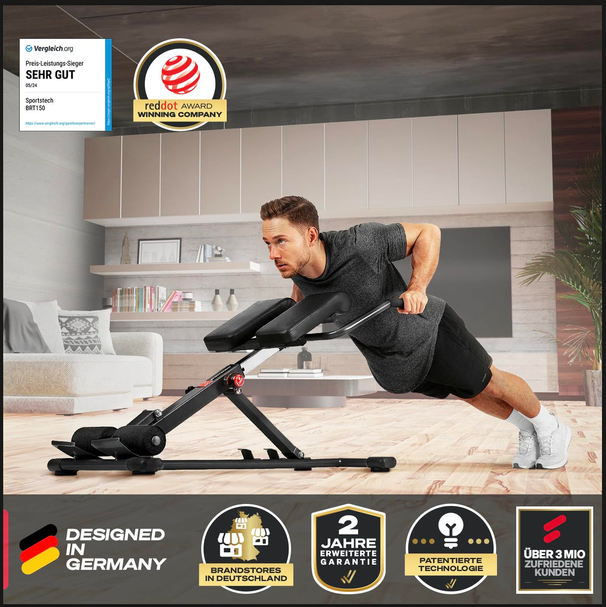 Hyperextension Rückentrainer für Zuhause, klappbar BRT150 mit 6-fach verstellbarer Polsterschiene und 130 kg Belastbarkeit