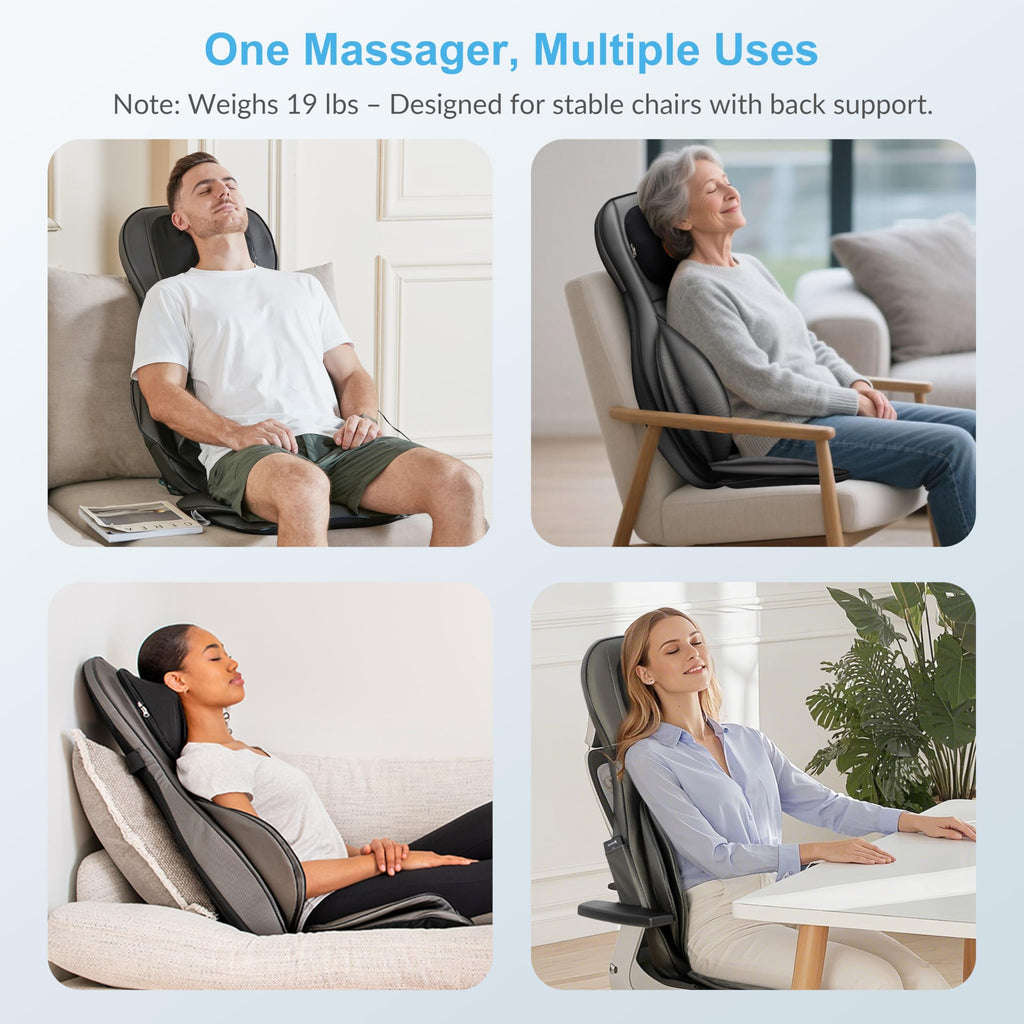 Shiatsu-Massagesitzauflage für Rücken und Nacken mit Wärme, 2D/3D-Knetmassage und Luftkompression